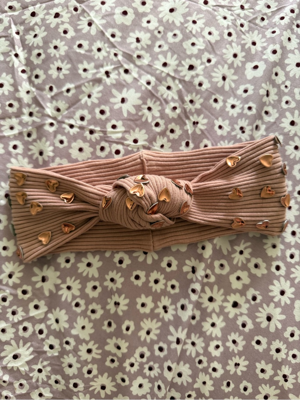 Ribbed Dusty Rose Top-Knot Headband w/ 3D Rose Gold Hearts